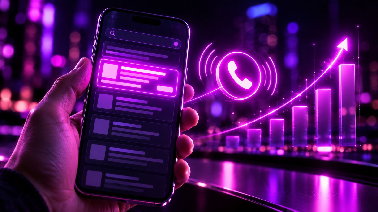 Smartphone con un anuncio de búsqueda y llamadas entrantes