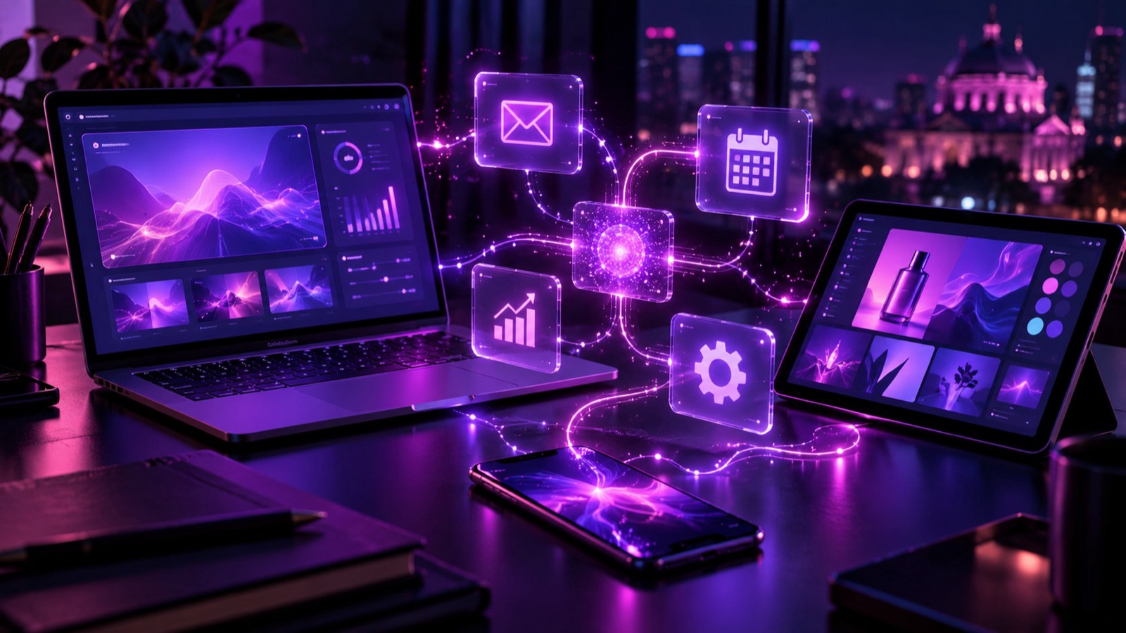 Portátil, tablet y móvil conectados en un flujo de trabajo automatizado con IA